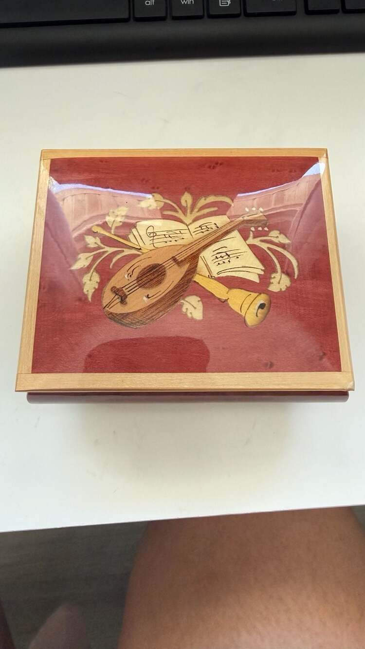 Vintage Italian Marquetry Burl Wood Jewelry Music Box with Mandolin Inlay